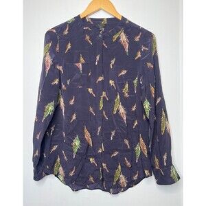 Talbots Button Front Blouse Women's 6 Black Feather Print Washable Silk Comfort